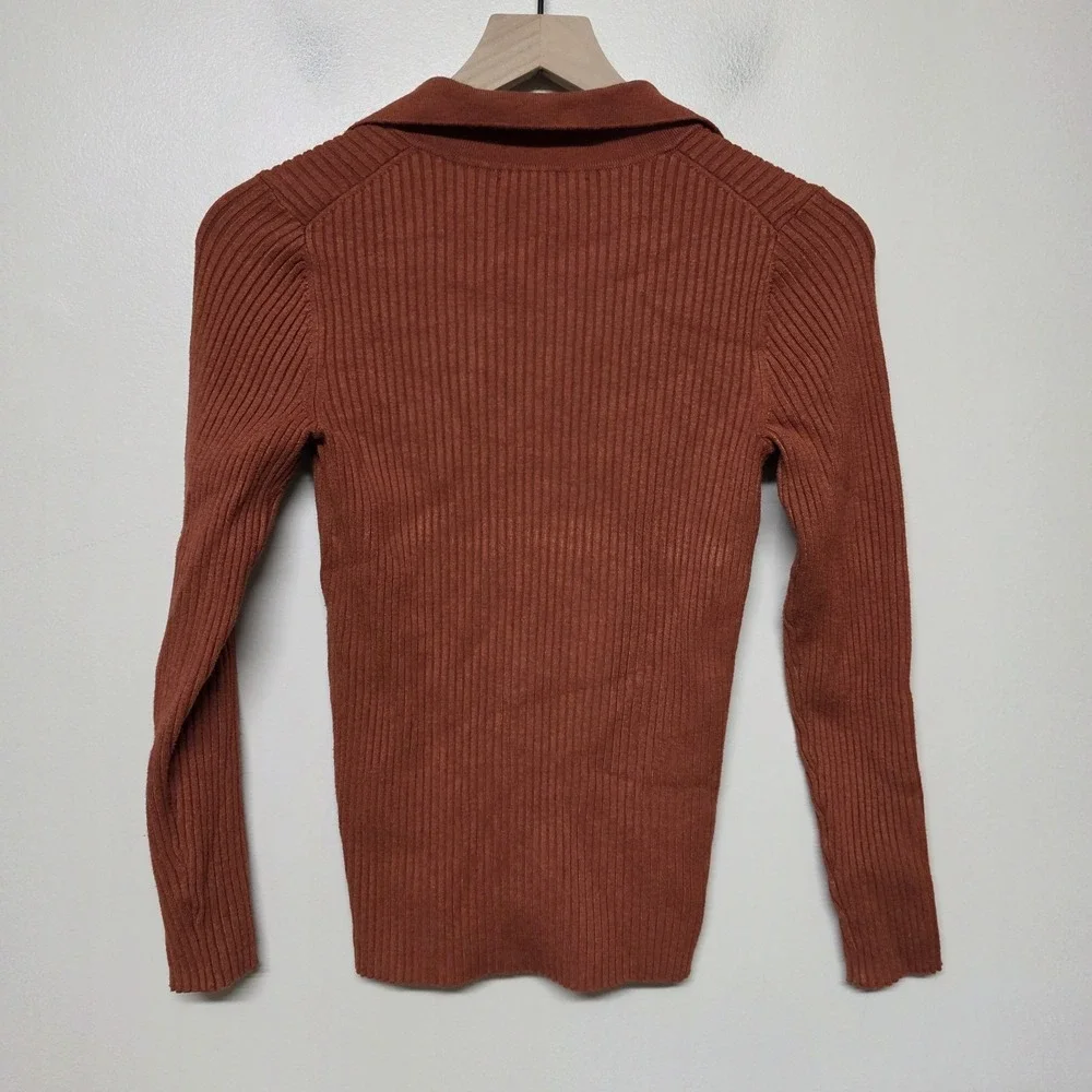 Marine Layer Lexi Polo Sweater Ribbed Knit Rust Brown Orange Long Sleeve Size XS